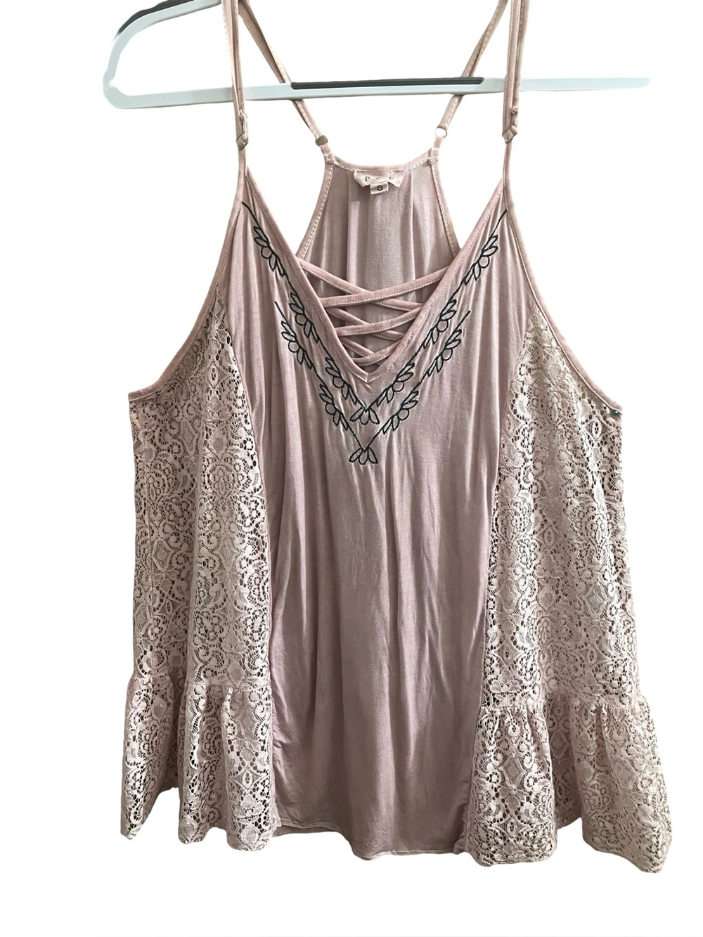POL Lace-Panel Strappy V-Neck Tank Top - Dusty Pink